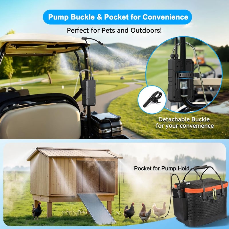 Ausic Portable Misting Systems, Outdoor Water Cooling Misters Set with 6000mAh Water Pump, 20L Bucket, 26FT (8M) Hose, 6*Nozzles, 10*Clips/Ties for Patio/Umbrella/Pasture/Greenhouse/Canopy/Camping - Image 5